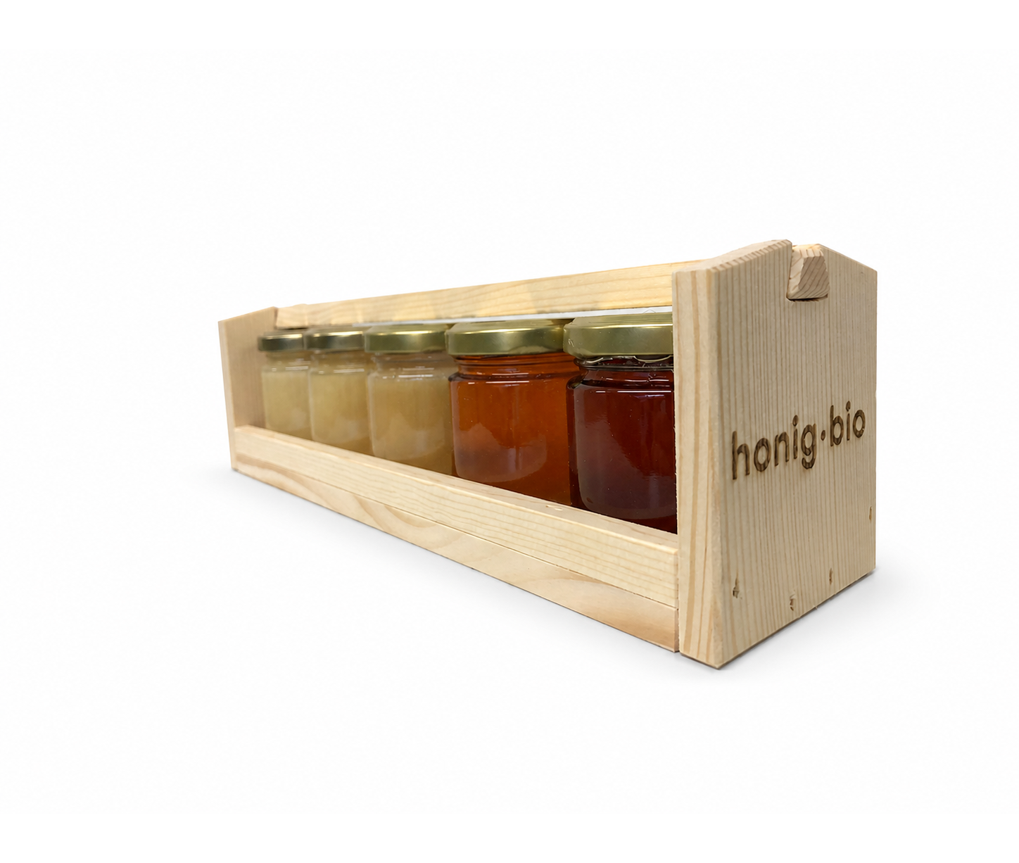 Holz-Geschenkset mit fünf Bio-Honigen aus Wohlen bei Bern